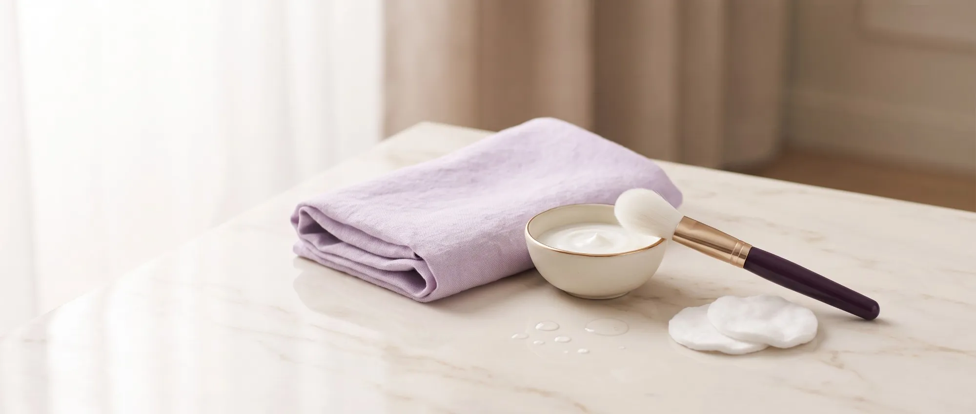 Toalla lavanda doblada, bowl con crema de limpieza, pincel facial y discos de algodón sobre mármol claro