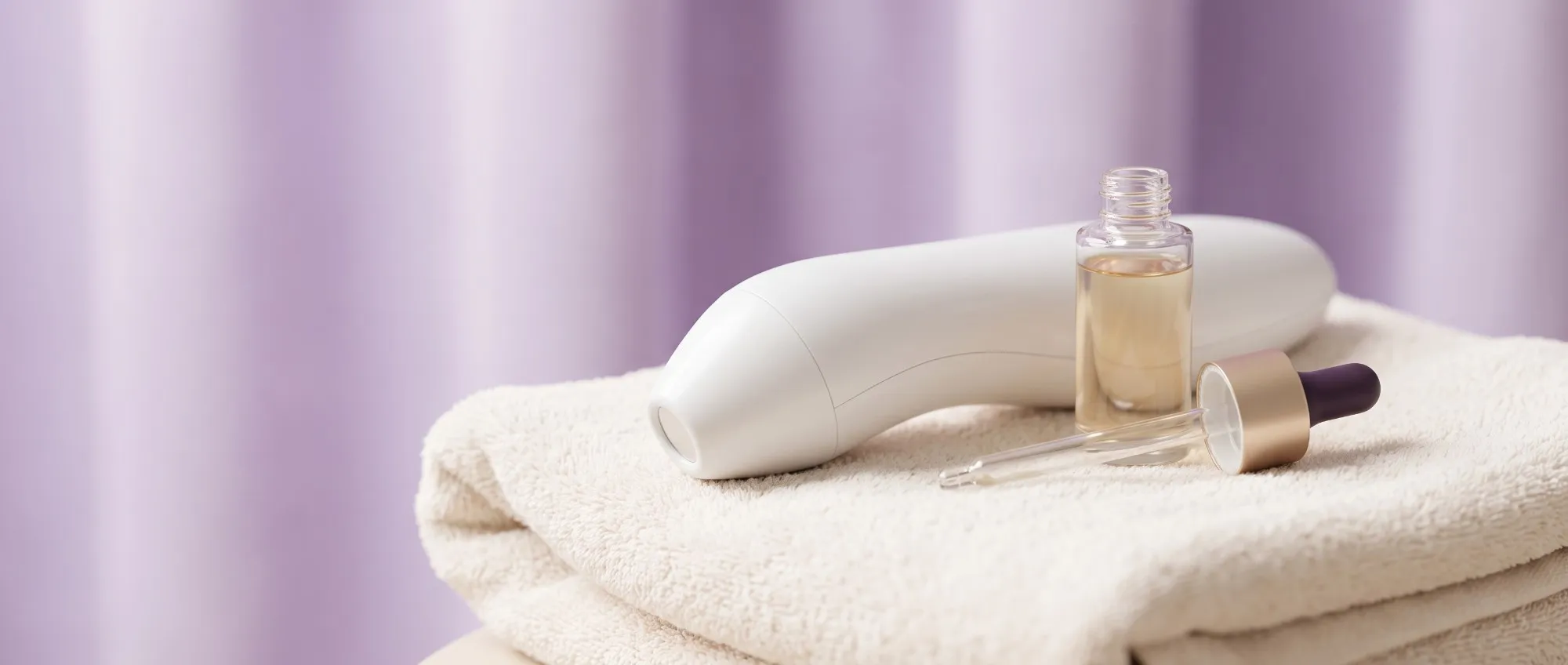Equipo facial de mano sobre toallas color crema, junto a un frasco gotero con sérum